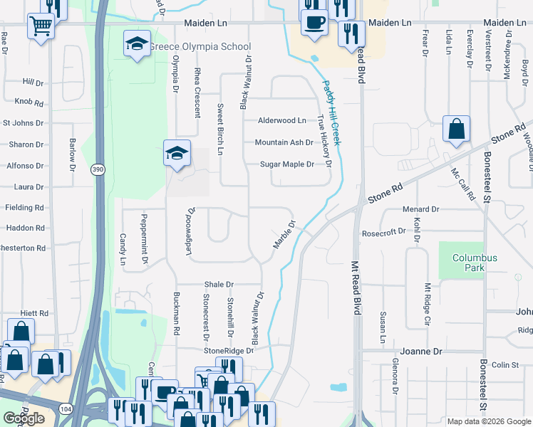 map of restaurants, bars, coffee shops, grocery stores, and more near 400 Black Walnut Drive in Rochester