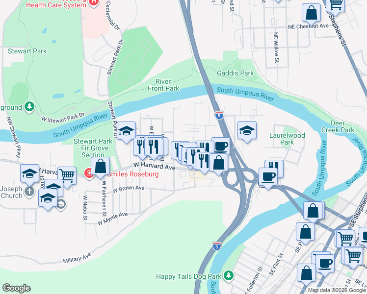 map of restaurants, bars, coffee shops, grocery stores, and more near 538 West Umpqua Street in Roseburg