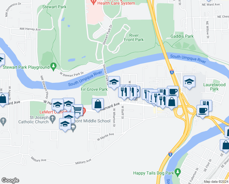 map of restaurants, bars, coffee shops, grocery stores, and more near 1360 West Harvard Avenue in Roseburg