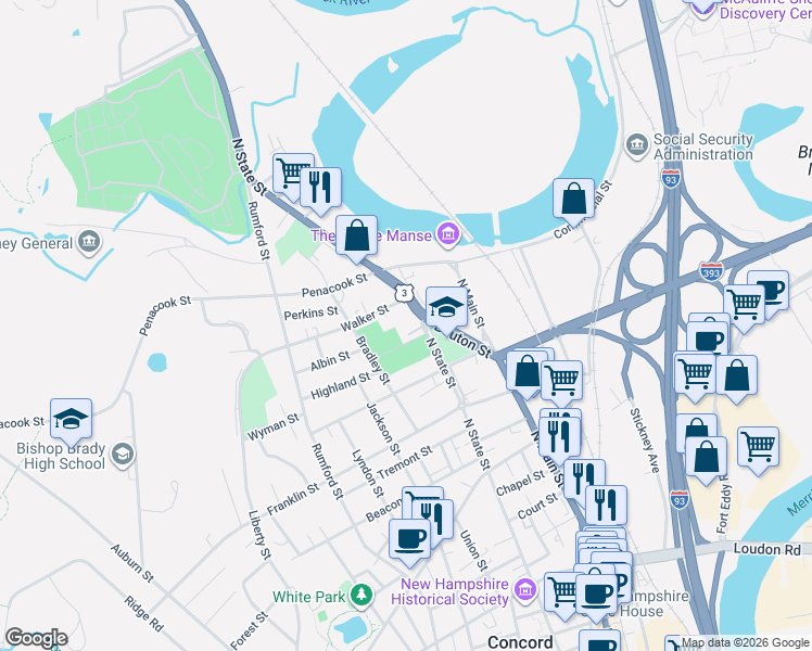map of restaurants, bars, coffee shops, grocery stores, and more near 141.5 North State Street in Concord