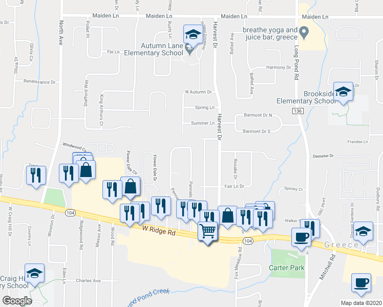 map of restaurants, bars, coffee shops, grocery stores, and more near 67 Pennels Drive in Rochester
