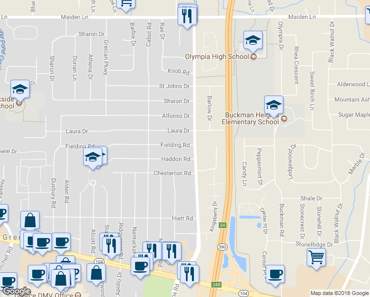 map of restaurants, bars, coffee shops, grocery stores, and more near 29 Fielding Road in Rochester