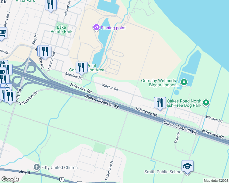 map of restaurants, bars, coffee shops, grocery stores, and more near 727 Winston Road in Grimsby