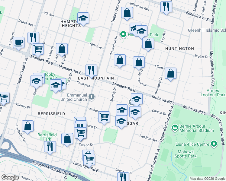 map of restaurants, bars, coffee shops, grocery stores, and more near 116 Summerlea Drive in Hamilton