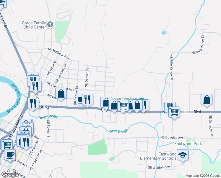 map of restaurants, bars, coffee shops, grocery stores, and more near 2126 Northeast Commercial Avenue in Roseburg