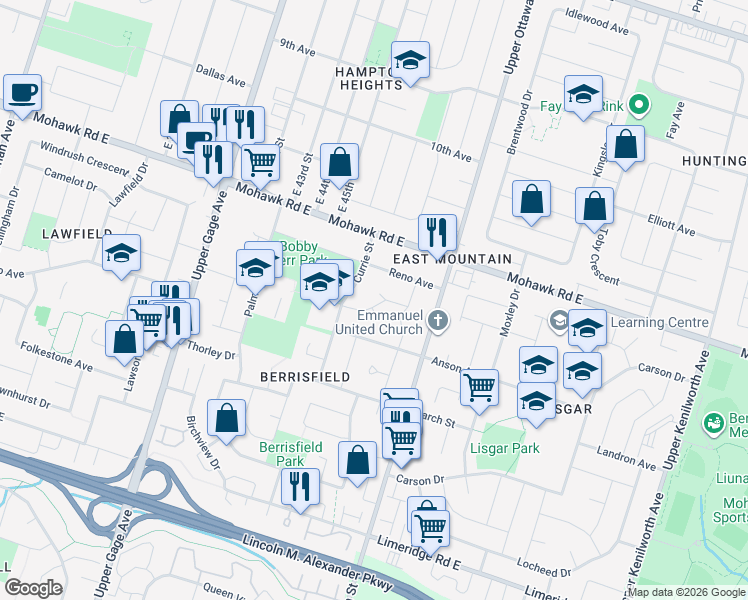 map of restaurants, bars, coffee shops, grocery stores, and more near 1 Croydon Court in Hamilton