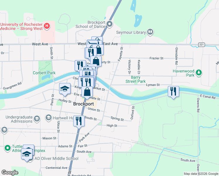 map of restaurants, bars, coffee shops, grocery stores, and more near 1 Park Ave in Brockport