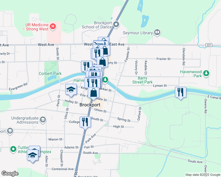 map of restaurants, bars, coffee shops, grocery stores, and more near 51 Market Street in Brockport