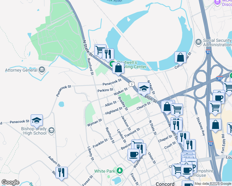 map of restaurants, bars, coffee shops, grocery stores, and more near 29 Walker Street in Concord
