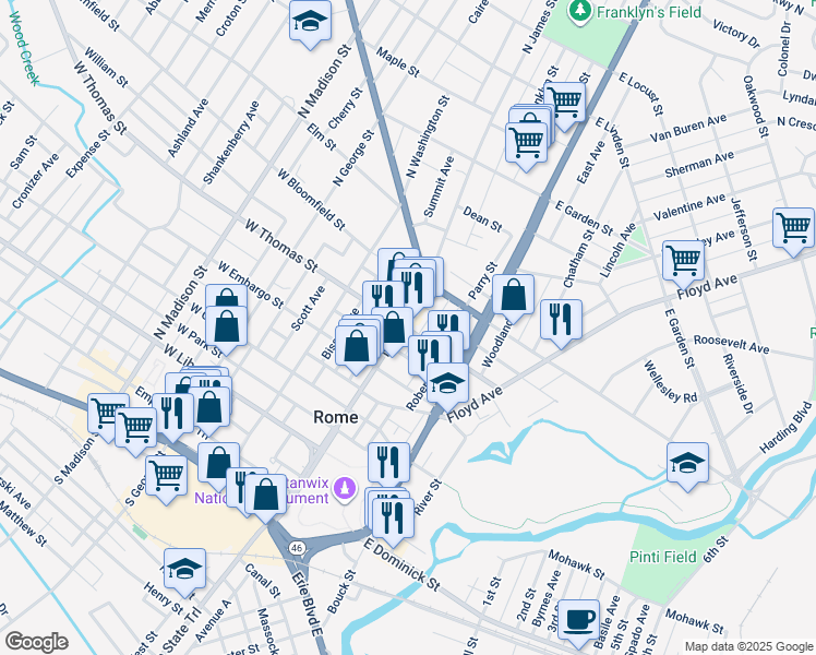 map of restaurants, bars, coffee shops, grocery stores, and more near 422 North James Street in Rome