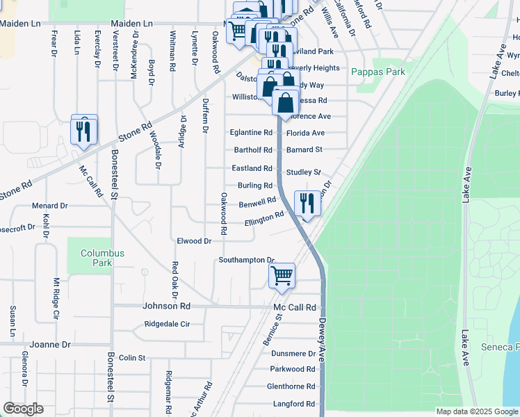 map of restaurants, bars, coffee shops, grocery stores, and more near 80 Ellington Road in Rochester