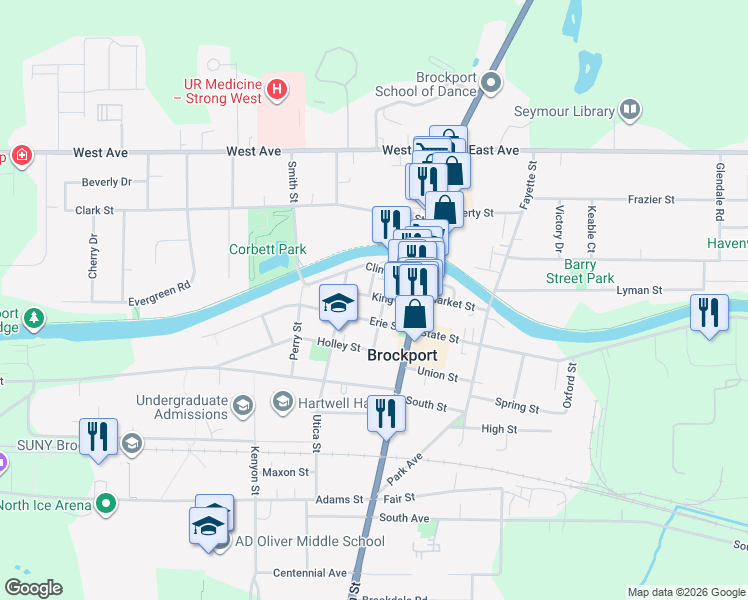 map of restaurants, bars, coffee shops, grocery stores, and more near 26 Erie Street in Brockport