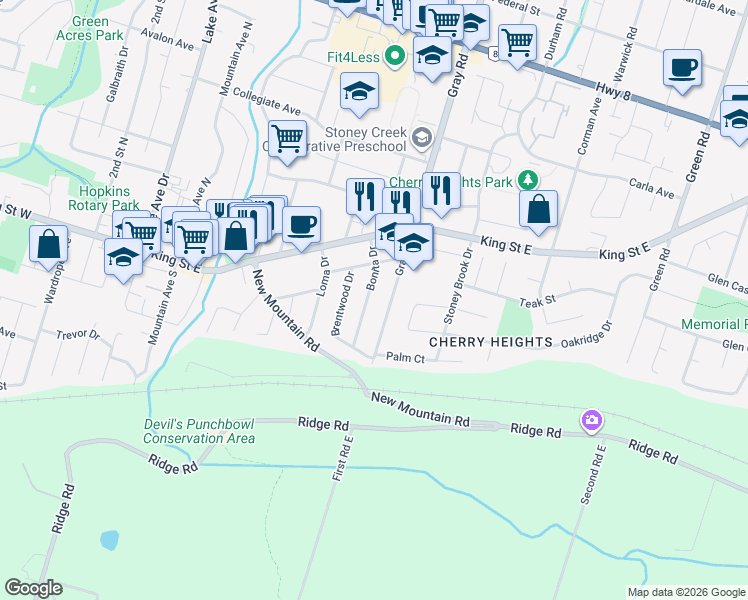 map of restaurants, bars, coffee shops, grocery stores, and more near 50 Gray Road in Hamilton