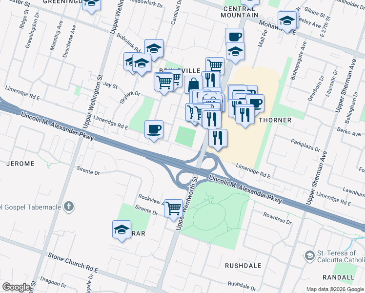 map of restaurants, bars, coffee shops, grocery stores, and more near 416 Limeridge Road East in Hamilton