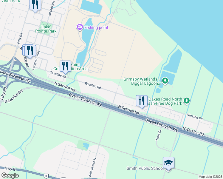 map of restaurants, bars, coffee shops, grocery stores, and more near 709 Winston Road in Grimsby