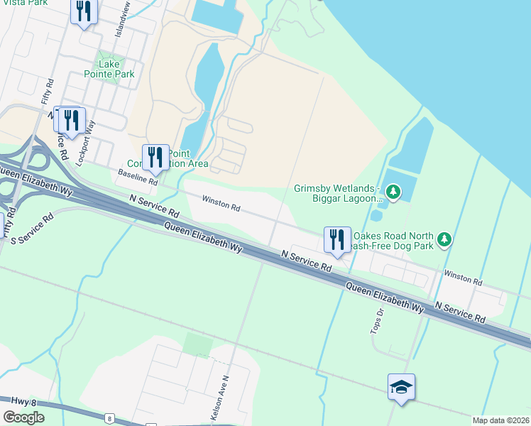 map of restaurants, bars, coffee shops, grocery stores, and more near 708 Winston Road in Grimsby