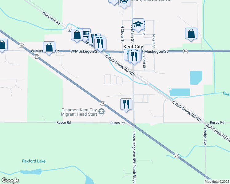 map of restaurants, bars, coffee shops, grocery stores, and more near 173 Kentridge Drive in Kent City