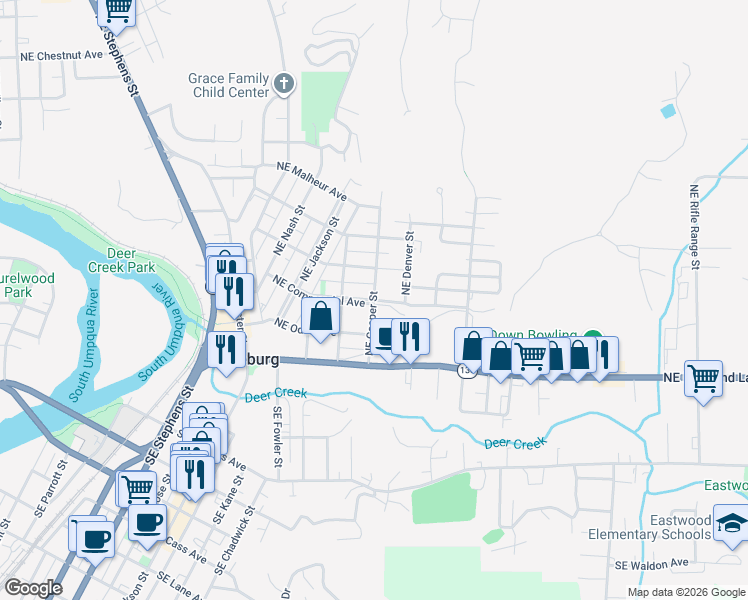 map of restaurants, bars, coffee shops, grocery stores, and more near 501 Northeast Casper Street in Roseburg