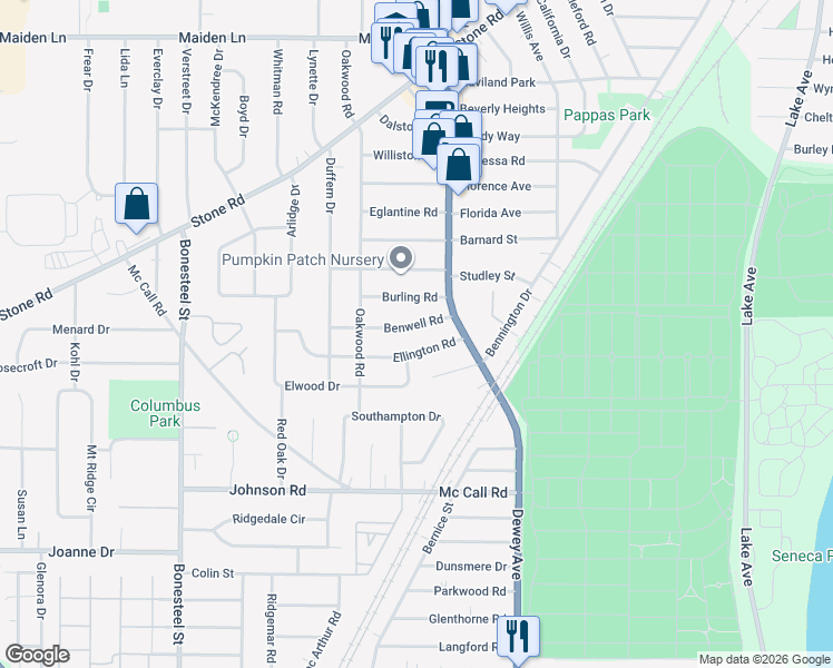 map of restaurants, bars, coffee shops, grocery stores, and more near 80 Ellington Road in Rochester