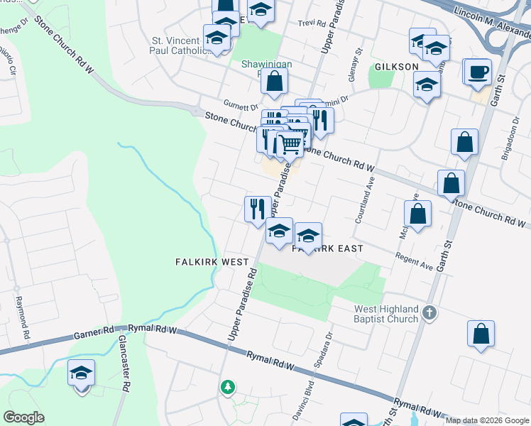 map of restaurants, bars, coffee shops, grocery stores, and more near 1000 Upper Paradise Road in Hamilton