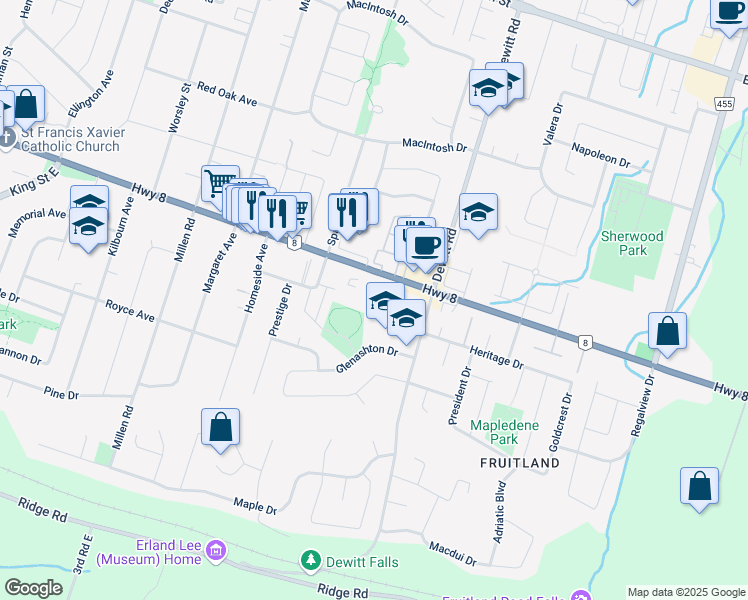 map of restaurants, bars, coffee shops, grocery stores, and more near 30 Salina Place in Hamilton