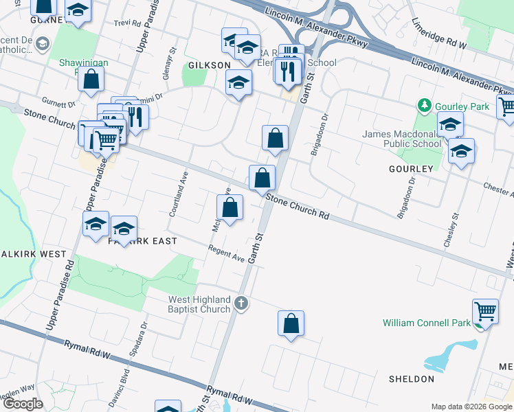 map of restaurants, bars, coffee shops, grocery stores, and more near 1420 Garth Street in Hamilton