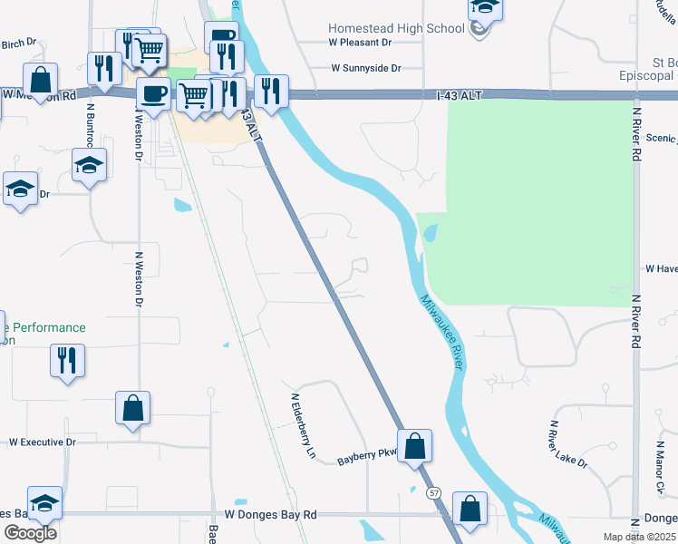 map of restaurants, bars, coffee shops, grocery stores, and more near 10844 North Cedarburg Road in Mequon