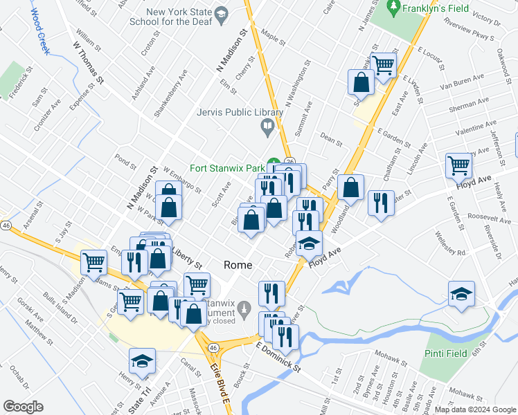 map of restaurants, bars, coffee shops, grocery stores, and more near 407 North James Street in Rome