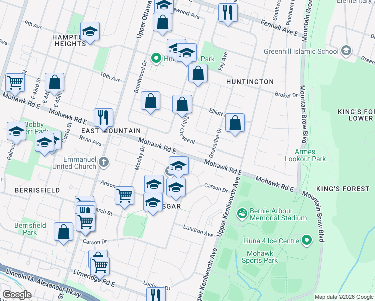 map of restaurants, bars, coffee shops, grocery stores, and more near 987 Mohawk Road East in Hamilton