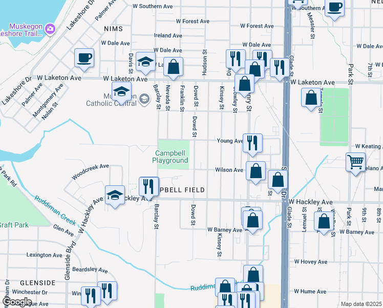 map of restaurants, bars, coffee shops, grocery stores, and more near 2075 Dowd Street in Muskegon
