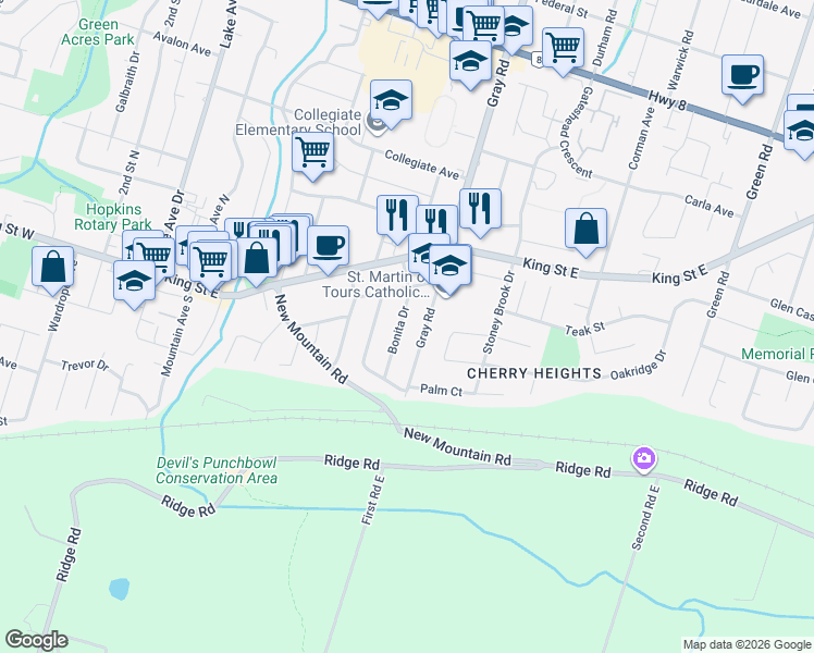 map of restaurants, bars, coffee shops, grocery stores, and more near 27 Bonita Drive in Hamilton