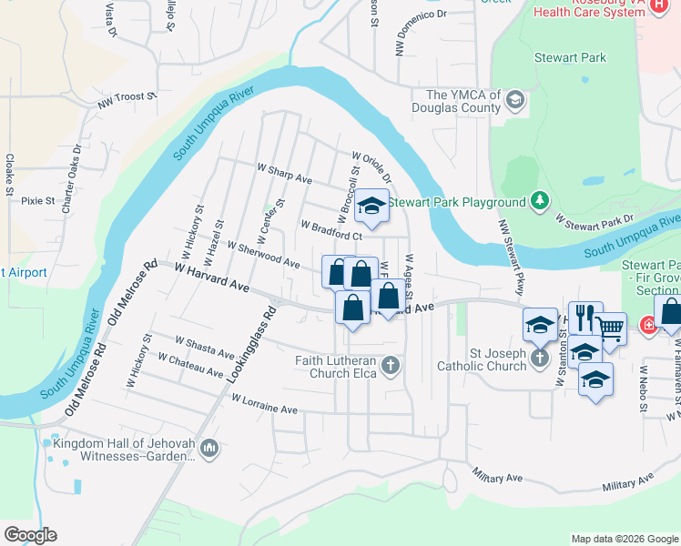 map of restaurants, bars, coffee shops, grocery stores, and more near 461 West Broccoli Street in Roseburg