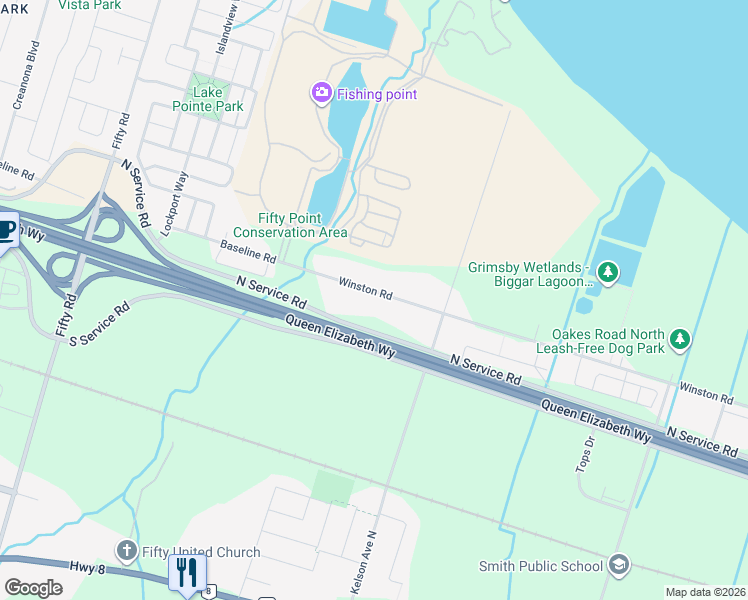 map of restaurants, bars, coffee shops, grocery stores, and more near 727 Winston Road in Grimsby