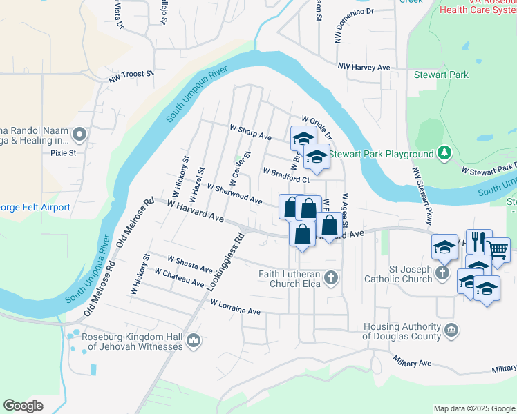 map of restaurants, bars, coffee shops, grocery stores, and more near 2917 West Sherwood Avenue in Roseburg