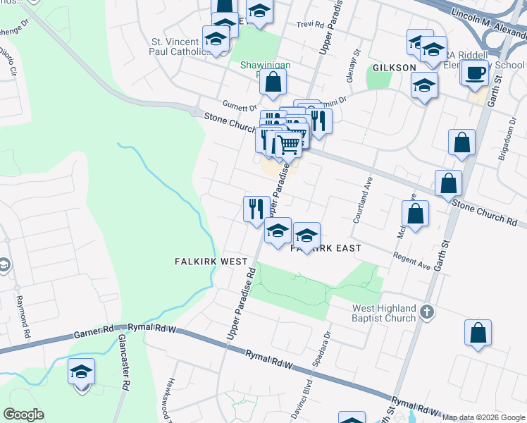 map of restaurants, bars, coffee shops, grocery stores, and more near 1000 Upper Paradise Road in Hamilton