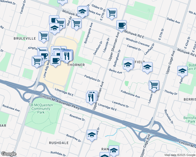 map of restaurants, bars, coffee shops, grocery stores, and more near 75 Parkplaza Drive in Hamilton
