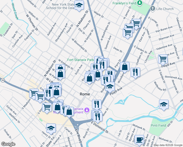 map of restaurants, bars, coffee shops, grocery stores, and more near 114-16 West Fox Street in Rome