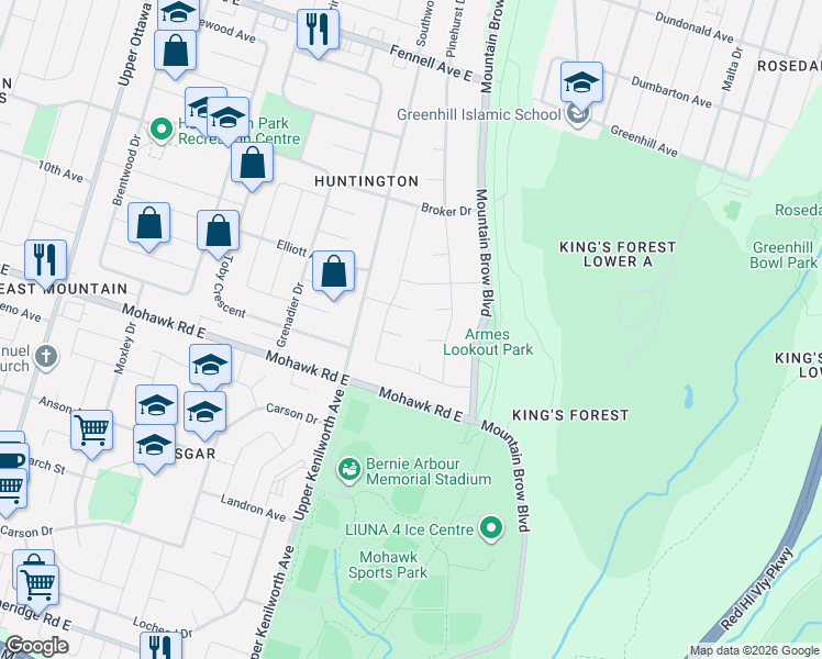 map of restaurants, bars, coffee shops, grocery stores, and more near in Hamilton