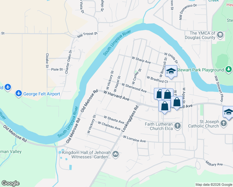 map of restaurants, bars, coffee shops, grocery stores, and more near 582 West Berdine Street in Roseburg