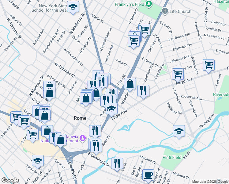map of restaurants, bars, coffee shops, grocery stores, and more near 119 East Thomas Street in Rome
