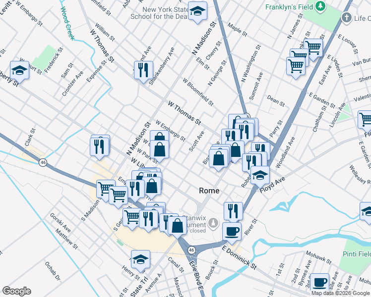 map of restaurants, bars, coffee shops, grocery stores, and more near 313 Scott Avenue in Rome