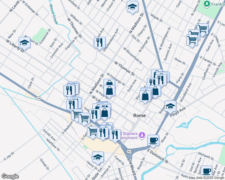 map of restaurants, bars, coffee shops, grocery stores, and more near 220 West Court Street in Rome
