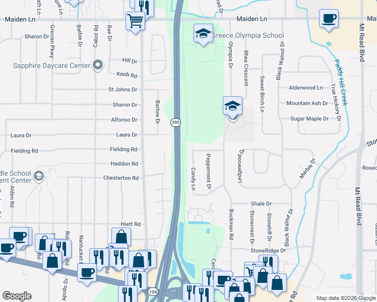 map of restaurants, bars, coffee shops, grocery stores, and more near 209 Candy Lane in Rochester
