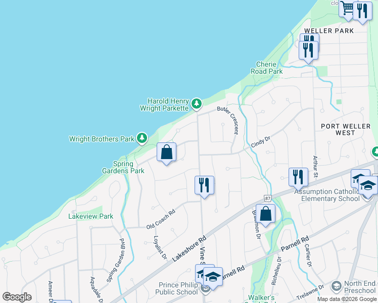 map of restaurants, bars, coffee shops, grocery stores, and more near 9 Meadowlark Crescent in St. Catharines