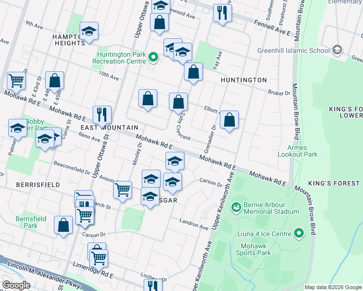 map of restaurants, bars, coffee shops, grocery stores, and more near 977 Mohawk Road East in Hamilton
