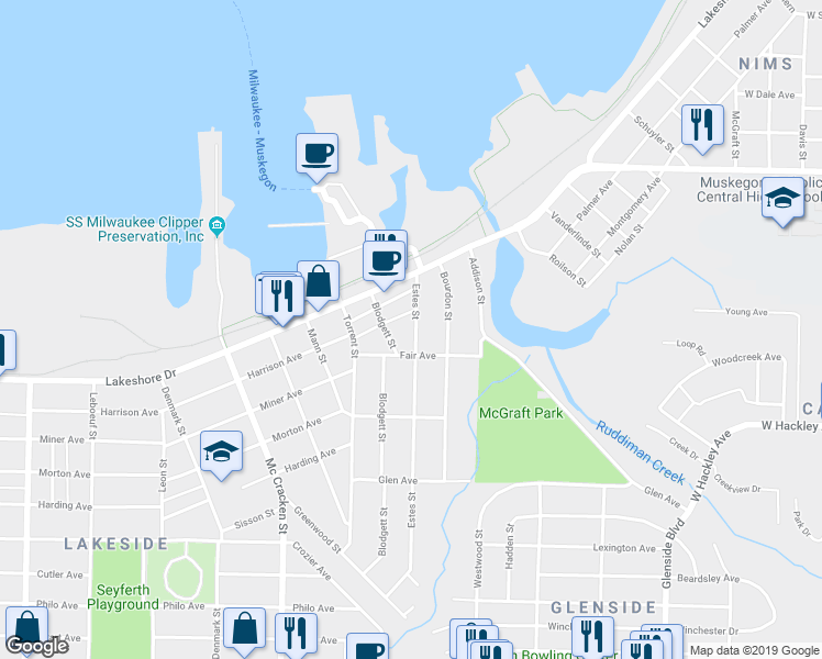 map of restaurants, bars, coffee shops, grocery stores, and more near 2090 Estes Street in Muskegon