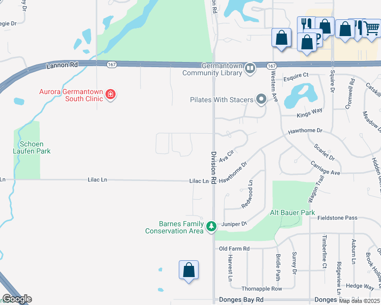 map of restaurants, bars, coffee shops, grocery stores, and more near W173N10915 Bernies Way in Germantown