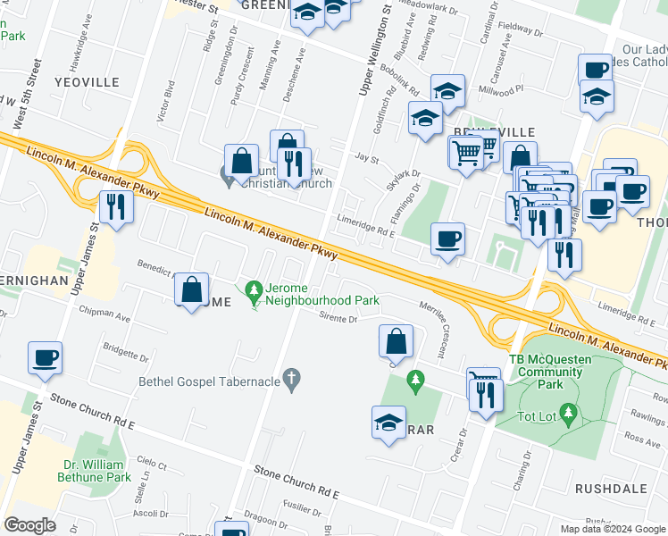 map of restaurants, bars, coffee shops, grocery stores, and more near 7 Sirente Drive in Hamilton