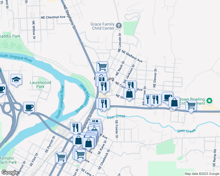 map of restaurants, bars, coffee shops, grocery stores, and more near 335 Northeast Nash Street in Roseburg