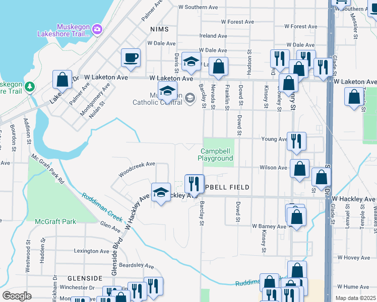 map of restaurants, bars, coffee shops, grocery stores, and more near 1931 Barclay Street in Muskegon